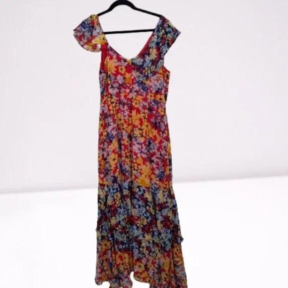 Lulus Radiant Ruby Red Floral Print Chiffon Maxi Dress Size L Worn Once - Picture 11 of 14